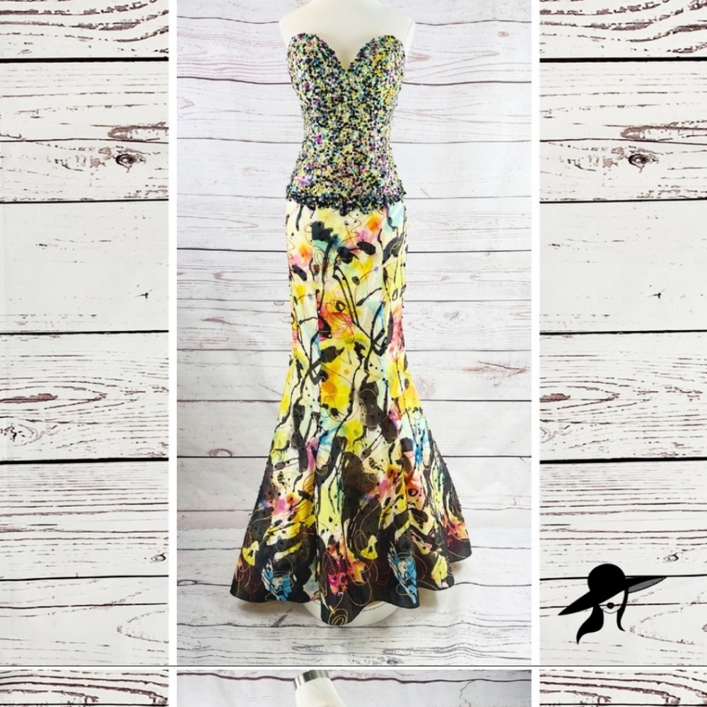 Jovani multicolor mermaid sequin art paint sweetheart neckline